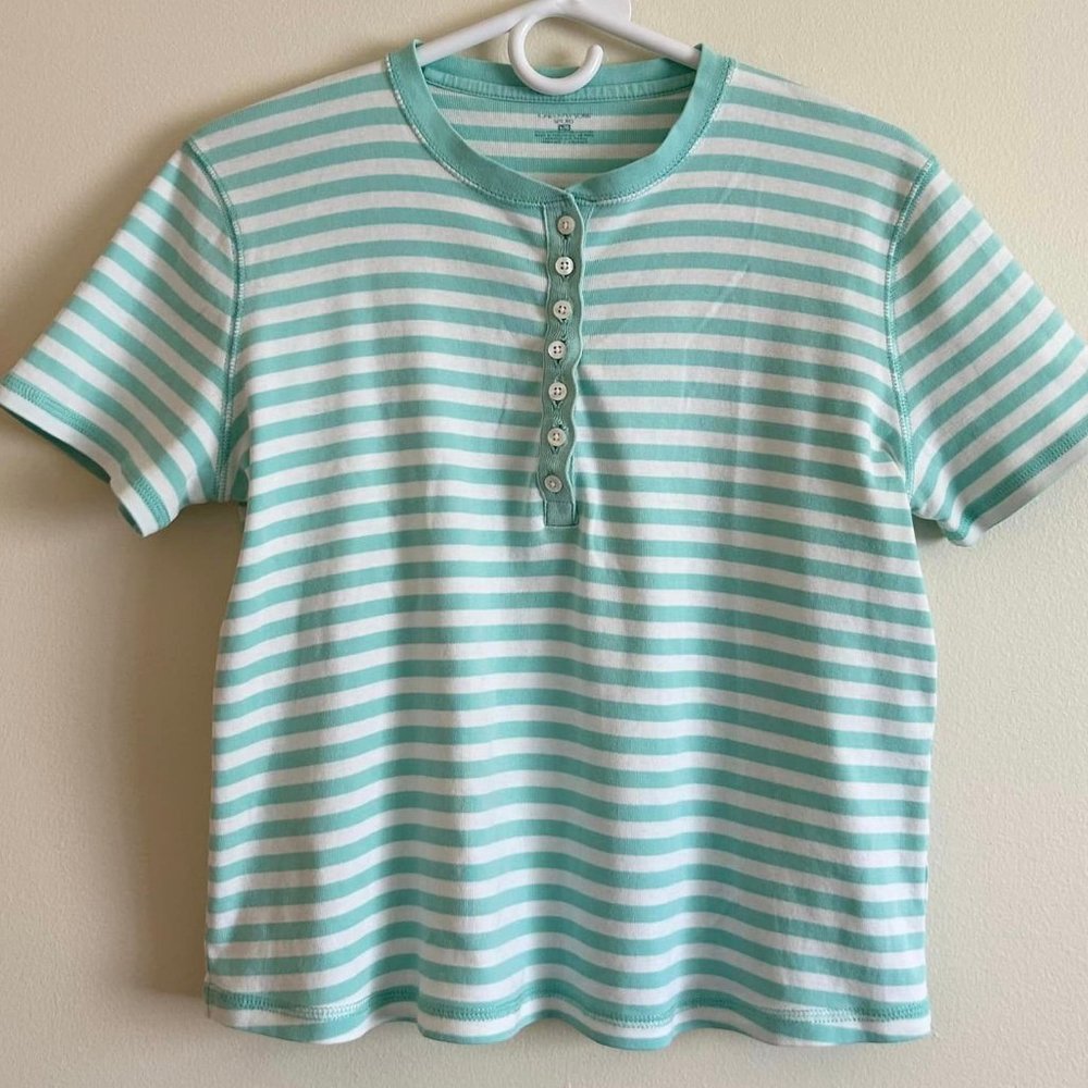 Size Large Jones NY Green/White Striped 1/4 Button Dwn Tee